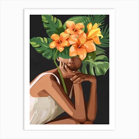 Woman with tropical flowers and leaves on the head 2 Art Print