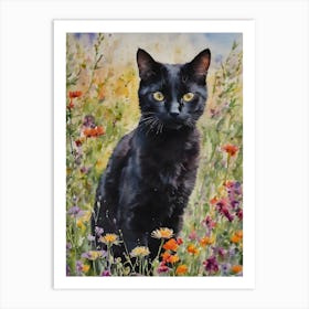 Black Cat Amongst The Wildflowers Watercolor Witchy Witchcraft Artwork Painting Black Cats Among Pretty Flowers Realistic Watercolour Famous Black Cat, Pagan Wiccan Spiritual Halloween Samhain Midsummer Imbolc Ostara Witch Beautiful Cat Art Print