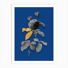 Vintage Agatha Rose in Bloom Black and White Gold Leaf Floral Art on Midnight Blue n.0593 Art Print
