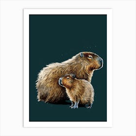 The Capybaras On Deep Cyan Art Print