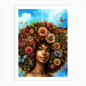 Black Woman Art, Afro Art, Melanin, Afro Girl With Butterflies, feminine art, cute art, butterfly art, flower art, kinky hair Art Print