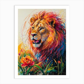 Lion And Flowers Art Print