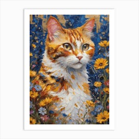 Klimt Style Ginger Tuxedo Orange Calico Tabby Cat in Colorful Garden Flowers Meadow Gold Leaf Painting - Gustav Klimt and Monet Inspired Textured Acrylic Palette Knife Art Daisies Poppies Amongst Wildflowers at Night Beautiful HD High Resolution Art Print