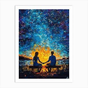 Young Couple In Love Holding Hands Sitting On Bench Near Bonfire Fire In Beautiful Night Starry Sky 1 Art Print