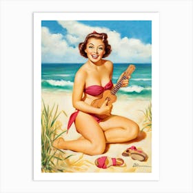 Pinup Beautiful Sexy Woman Plays Ukulele On The Hawaiian Coast Art Print