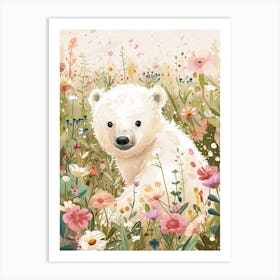 Polar Bear Cub In A Field Of Flowers Storybook Illustration 2 Art Print