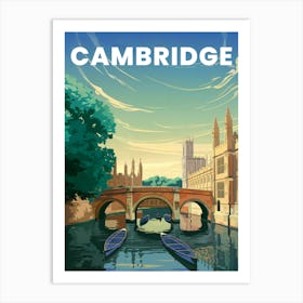 Anime Canvas Art: Peaceful Cambridge River Scene with Punts, Historic Stone Bridges, and Greenery, Perfect for Lofi Aesthetic and Nature Lovers. Art Print