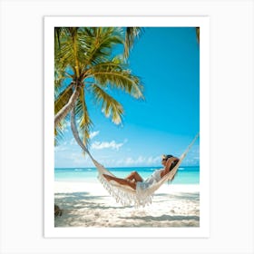 Content Woman Sprawls On A Pristine Tropical Beach Soft White Sands Adorned With Delicate Seashells (4) Art Print