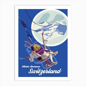 Winter Romance In Switzerland, Couple on a Ski Lift Art Print