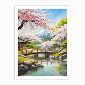 Serene Japanese Garden With Cherry Blossoms In Full Bloom Art Print