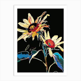 Neon Flowers On Black Sunflower 4 Art Print