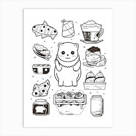 Cat And Sushi Black And White Line Art Art Print