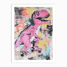 Pink Dinosaur Roller Skating Graffiti Style Art Print