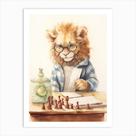 Playing Chess Watercolour Lion Art Painting 2 Art Print