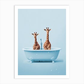 Giraffes In A Bath Blue Print Art Print