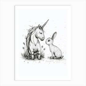 Unicorn And Bunny Friends Black And White Doodle 2 Art Print