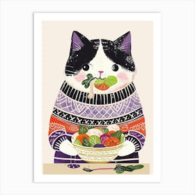 Black And White Cat Eating Salad Folk Illustration 1 Art Print