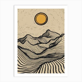 A minimalist pen and ink drawing of a mountainous 1 Art Print