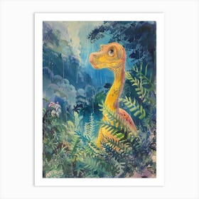 Dinosaur In The Rain Watercolour Illustration 1 Art Print