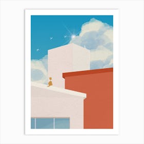 Minimal art Cat On Beautiful View Roof Art Print