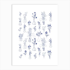 Flowers In Vases- Blue line pattern Art Print