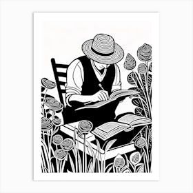 Lino cut Inspired black and white Reading In the Garden Art, Garden Girl Art, Gardening reading, 259 Art Print