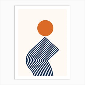 Modern Geometric Lines Sun Rainbow Balance Abstract in Navy Blue and Orange Art Print