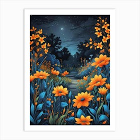 Floral Night Garden Scene (1) Art Print