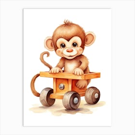 Baby Monkey On A Toy Car, Watercolour Nursery 1 Art Print