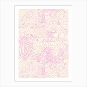 Hawaiian Toile Polynesian Hula Dance Tropical Landscape Pastel Pink Cream White Art Print