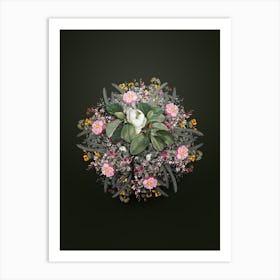 Vintage Magnolia Elegans Flower Wreath on Olive Green Art Print