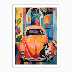 Volkswagen Beetle Vintage Car With A Cat, Matisse Style Painting 2 Art Print