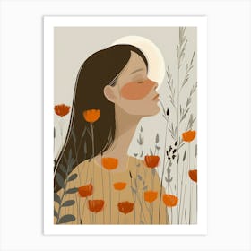 Illustration Of A Woman In A Field Of Flowers Art Print