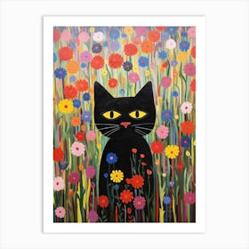 Black Cat In A Flower Field Art Print