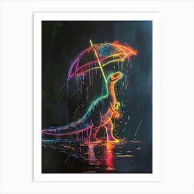 Neon Dinosaur With Umbrella In The Rain 3 Art Print