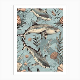 Pastel Blue Squatina Genus Shark Watercolour Seascape Pattern 2 Art Print