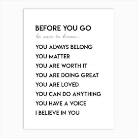 Before You Go Kid Affirmations Art Print