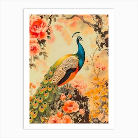 Peacock With Roses Art Print