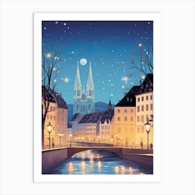 Winter Travel Night Illustration Strasbourg France 1 Art Print