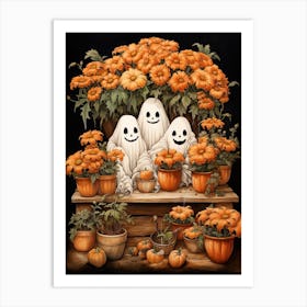 Cute Bedsheet Ghost, Botanical Halloween Watercolour 58 Art Print