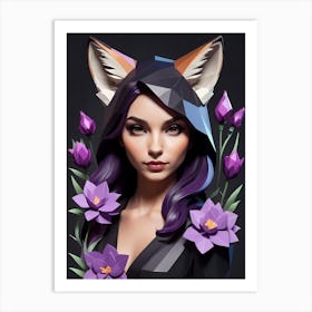 Low Poly Floral Fox Girl, Purple (28) Art Print