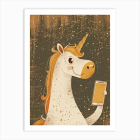 Unicorn With A Smart Phone Muted Pastels Mustard 2 Art Print