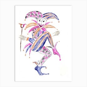 Jester - Anton Maliar arlequin jocker drawing purple blue orange vertical circus kids children funny Art Print