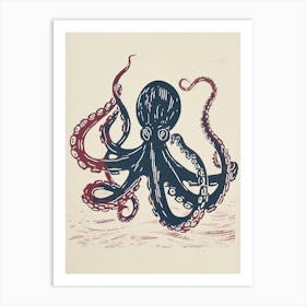 Sepia Navy Linocut Inspired Octopus Art Print