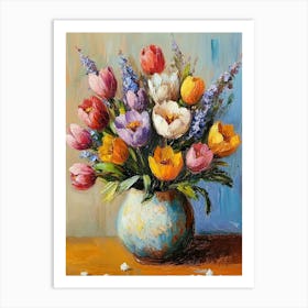 Oil Painting Of Spring Flowers In A Vase On Canvas Art Print