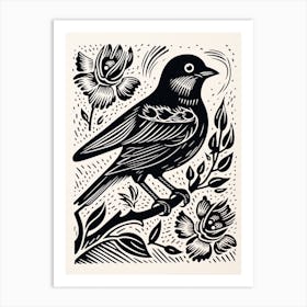 B&W Bird Linocut Sparrow 1 Art Print