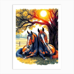 Horse Couple Under A Tree Art Print