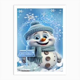 Jolly Snowman in Blue Art Print