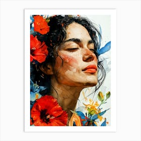 Watercolor Of A Woman With Flowers painting Art Print