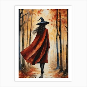 Watercolor Witch in Autumn Woods by Lyra O'Brien Art Print